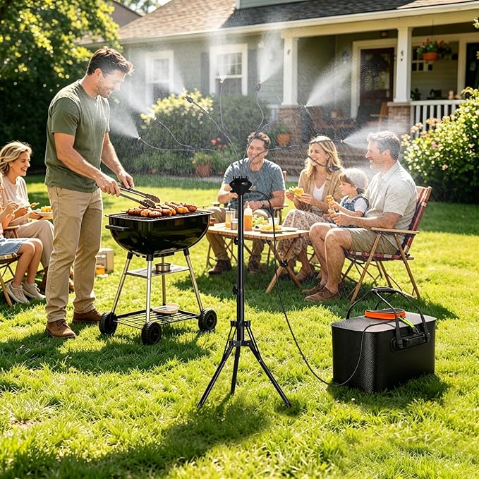 Bonviee 5.3 FT Standing Misters for Outside Patio- Portable Standing Mister Kit with Adjustable Tripod, 22L Water Tank & Rechargeable Pump, 8 Adjustable Nozzles with Flexible Arms for Outdoor Cooling