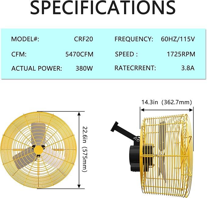 Greenhouse Circulation Fan Air Circulation Fan 1/3 HP 115V Ceiling Wall Mount Fan High Speed Circulation Fan for Greenhouse, Warehouse, Patio, Garage 5470CFM, ETL Listed