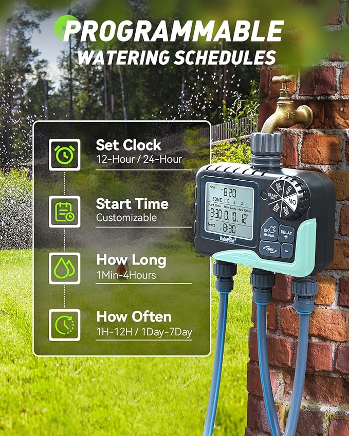 RAINPOINT Sprinkler Timer 3 Zone, Programmable Water Timer for Watering with Automatic/Manual/Rain Delay/Watering Mode, IP65 Waterproof, Large LCD