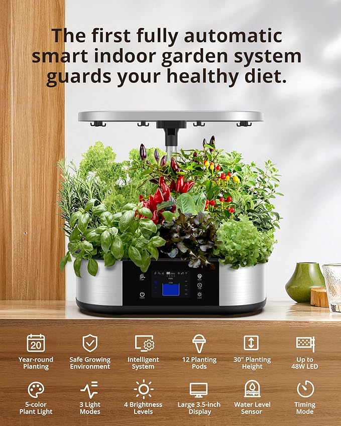 WiFi 12 Pods Hydroponics Growing System with APP Control,Indoor Garden up to 30" Height Adjustable with 48W Full Spectrum Grow Lights, Silent Pump System, Automatic Timer,Ideal Gardening Gifts