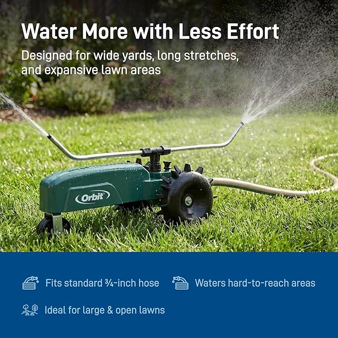 Orbit Traveling Tractor Water Sprinkler - Self-Propelled Traveling Sprinkler for Wide Lawn Coverage - Cast-Iron Body with Adjustable Coverage - Three-Speed - Automatic Shut Off - 58322