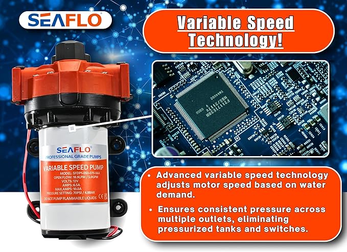 SEAFLO 56A Series Variable Speed Smart Water Pressure Pump – 12V DC, 5.0 GPM, 70 PSI, Self-Priming, Constant Pressure, For Rv/Yacht/Boat/Camper, NSF, CE & Rohs Certified, UL Listed, 4-Year Warranty