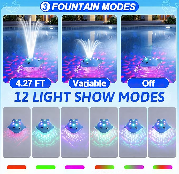 Floating Pool Fountain with Adjustable Colorful LED Light Show Waterfall Spray Timer Feature, Floating Light Party Decor for Above Ground Swimming Pool Pond Garden Patio Outdoor