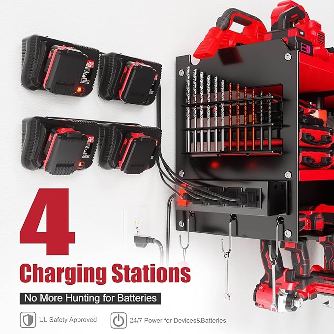 Spampur Heavy Duty Power Tool Organizer Wall Mount with Charging Station – 420 lb Capacity 3-Tier Storage Rack Holds 6 Drills, Side Slots for Screwdrivers & Bits, Garage Storage, Gift for Men