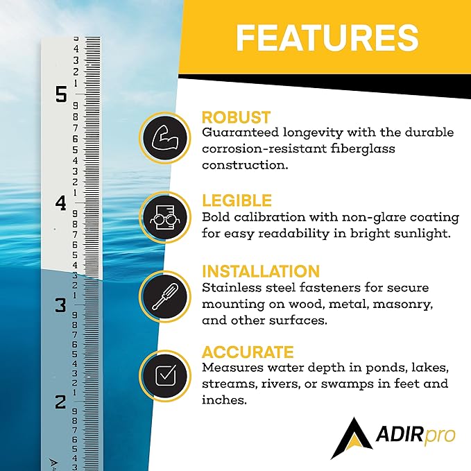 AdirPro 7" Wide Stream Gauge - Heavy Duty Staff - All Weather Gauge - Flow Meters 0.5' - 5.5'(100ths/10ths/feet)