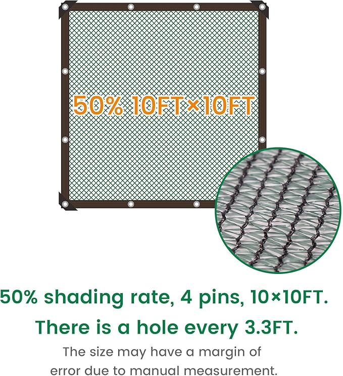 50% 10 X 10 FT Green Shade Cloth, Outdoor Woven Sun Shade with Grommets, Durable Breathable Netting Shading Antifreezing for Patio, Garden, DIY Home, Plants Cover, Greenhouse, Dog Kennel