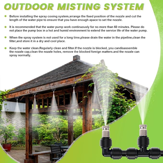 Outdoor Misting Cooling System High Pressure Misters for Outside Patio with Pump Kit, 65.6FT Misting Line with Brass Mist Nozzles Self Priming Sprayer Misters for Chicken Coop Garden Greenhouse