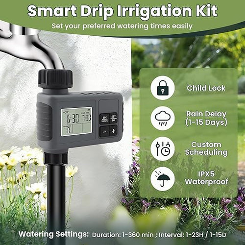 100FT Automatic Drip Irrigation Kits with Water Timer - Garden Watering System with 360° Bendable Spray Adjustable Copper Atomizing Nozzles for Yard, Lawn, Raised Bed, Greenhouse, Potted Plants
