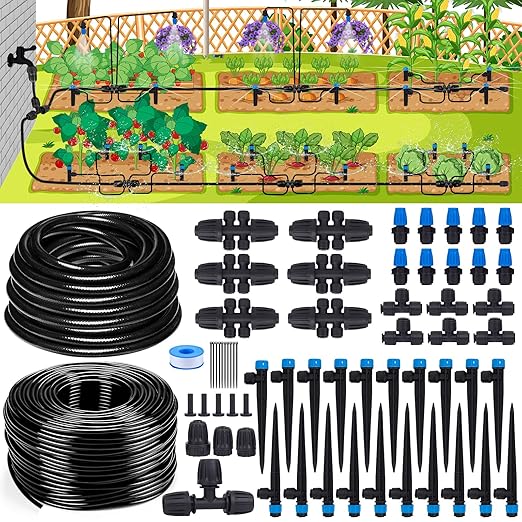 240FT Drip Irrigation System Kits, Quick Connect Automatic Garden Watering System for Raised Bed, Potted Plants, Lawn, Greenhouse with 1/2 inch Hose 1/4 inch Tubing and Accessories