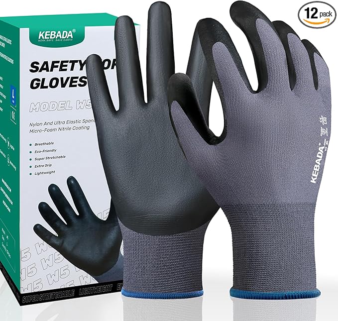 Kebada W5-12 Pairs Safety Work Gloves Foam Nitrile Coated, Seamless Knit Nylon Glove with Grip, Ideal for Mechanic, Warehouse, Construction & Gardening, Large