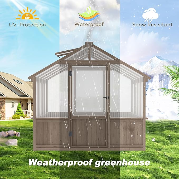 Yardenaler 8x8 FT Greenhouse Kit for Outdoor, 6MM Thick Polycarbonate Panel Wooden Walk-in Green House with Lockable Door and Adjustable Roof Vent, Backyard Garden, Light Mocha Brown
