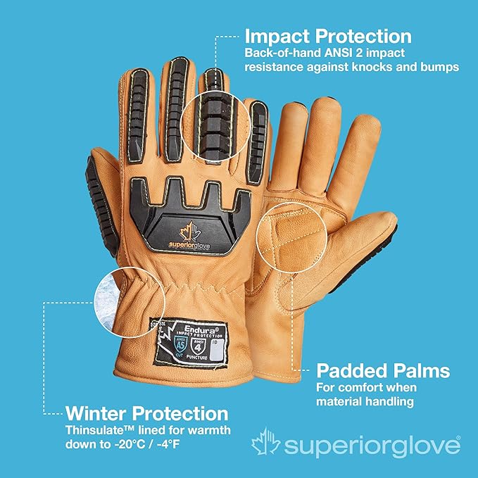 Superior Glove Endura Cut and Impact Resistant Leather Work Gloves – Insulated for Cold Winter Temperatures – 378KGTVB Medium (Pack of 1 Pair)