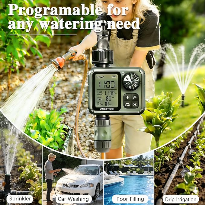 Sprinkler Timer Ourdoor,Digital Pogrammable Hose Timers with Rain Delay/Manual/Automatic Drip Irrigation Controller System,Smart Water Timer for Garden Hose with Large Display for Garden, Lawn, Yard