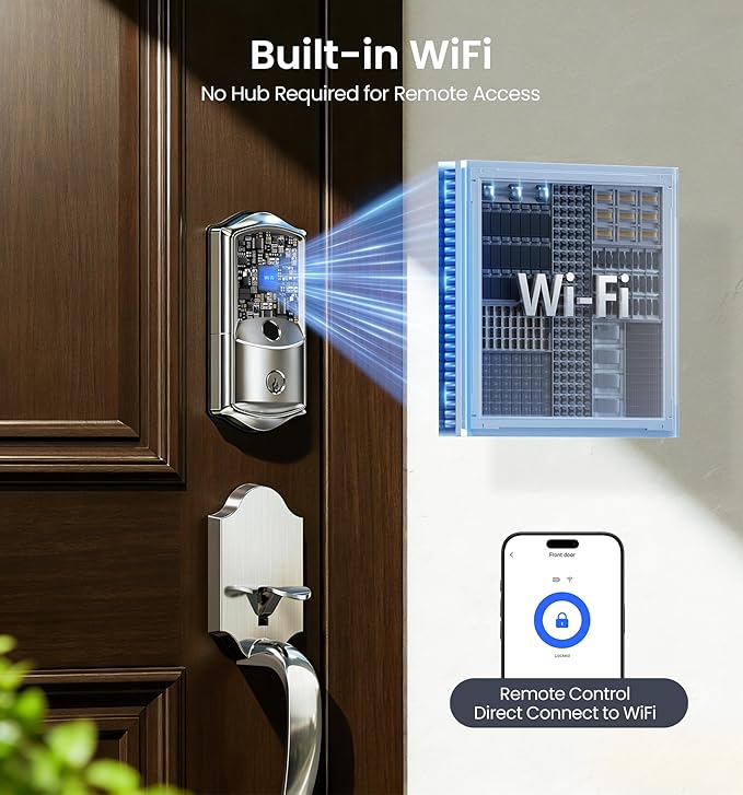 Veise VE027 Built-in Wi-Fi Smart Lock, Fingerprint Keyless Entry Front Door Lock, App Remote & Voice Control, No Hub Needed, Touchscreen Keypad Deadbolt, IP65 Waterproof, BHMA Grade 3, Satin Nickel