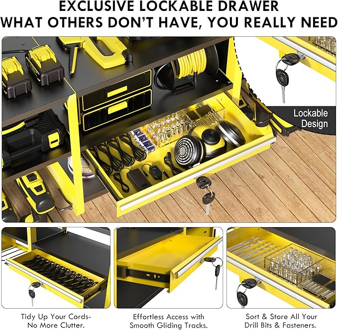 KSVO Large Power Tool Organizer Wall Mount with Locking Drawers, Grinder Holder, Hammer & Pliers Rack, & 6-Outlet Charging Shelf – Heavy Duty Metal Tool Storage for Garage & Workshop