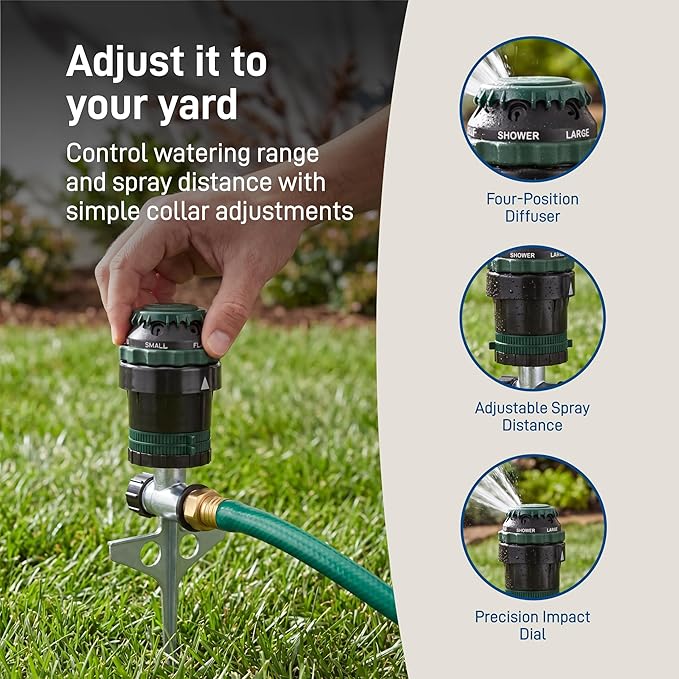 Orbit H2O-Six Gear-Drive Sprinkler on Metal T-Spike - Customizable Lawn Watering Coverage - Multi-Pattern Rotating Head with Adjustable Spray Range - Durable Outdoor Yard Irrigation Sprinkler - 58573