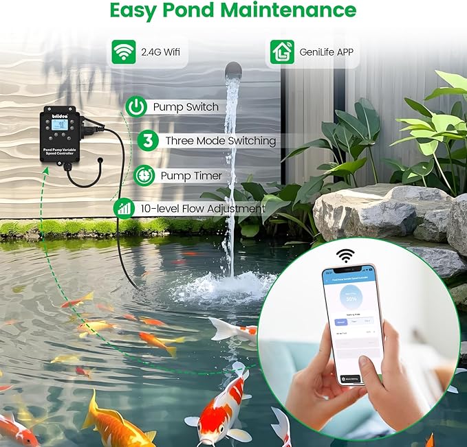 briidea WiFi Variable Speed Waterfall Pump Controller with App Control, Timer, 3 Modes, 10 Level Flow Control, LCD Display, Compatible with PGPSPEPAPBPCTT Series Pumps up to 900W for Koi Ponds, HSCR