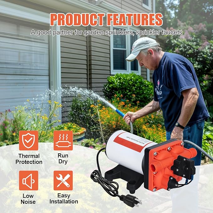 Four Chambers On Demand 110V Water Pressure Pump 5.5GPM 70PSI,Self Priming RV Fresh Water Diaphragm Pump Included Garden Hose for Home Industrial Irrigation Sprinkler
