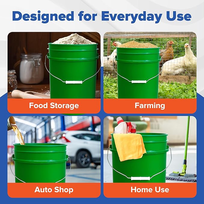 ePackageSupply 5 Gallon Bucket - Food Grade Bucket with Airtight Gasketed Tear Strip Lid, BPA-Free, Heavy-Duty 90 Mil HDPE Plastic Pail, Bulk Storage, Durable Container, Made in USA - Green, 3 Packs