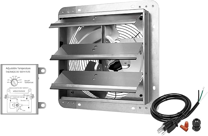iPower 12 Inch Wall Mounted Shutter Exhaust Fan with Temperature Controller and Power Cord Kit, Aluminum, 1600 RPM, 940 CFM, for Attic, Garage, Louvered Vent, Plant, Greenhouse, Silver