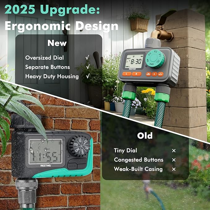 RESTMO 2-Zone Sprinkler Timer with 3 Separate Programs, 7-Day Programmable Water Timer for Garden Hose, Automatic Control/Manual/Rain Delay, Ideal for Drip Irrigation and Lawn Watering System
