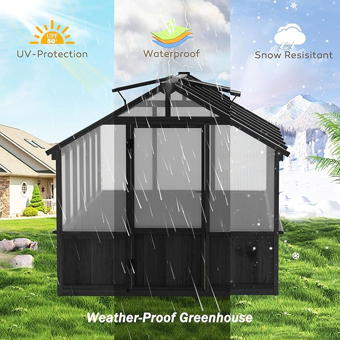 Yardenaler 8x12 FT Greenhouse Kit with 6MM Thick Polycarbonate Panel for Outdoor, Wooden Walk-in Green House with Adjustable Roof Vent and Lockable Door, Backyard, Garden, Black