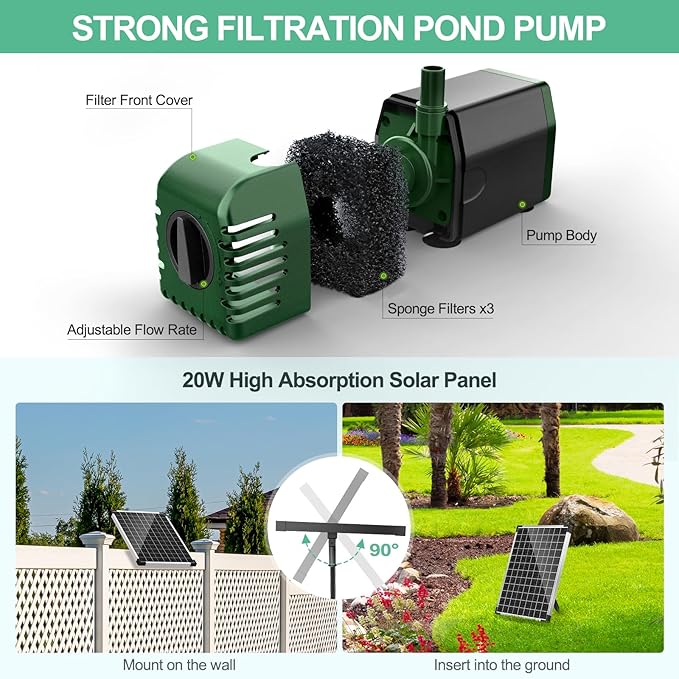 POPOSOAP 20W Solar Pond Filter with Fountain Pump, Solar Pond Pump and Filter Kit for Outdoor Pond Filter Box with Bio Media for Water Gardens, Ponds Up to 280 Gallons P3202