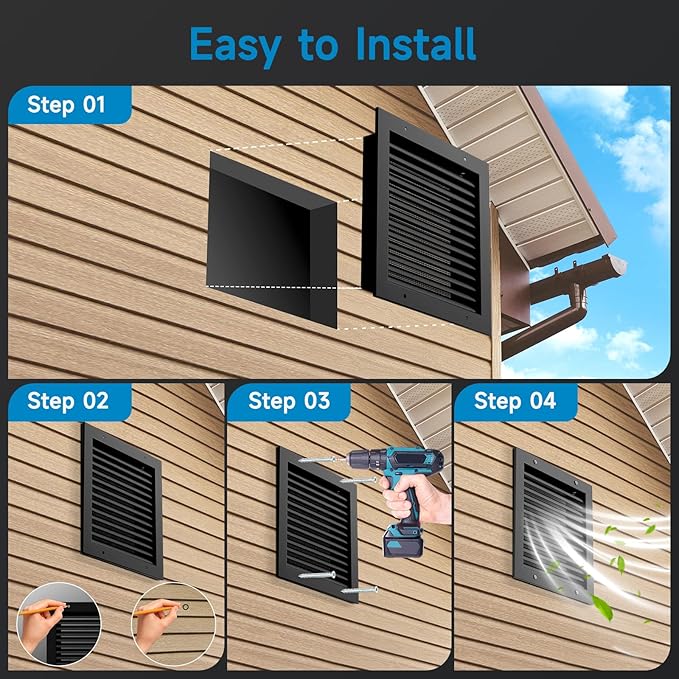 Hon&Guan 2 Pack 12" x 12" Aluminum Gable Vents with Screen for Houses, Louvered Wall Vent for Attic, Shed and Exterior Doors, 10" x 10" Vent Opening, Black