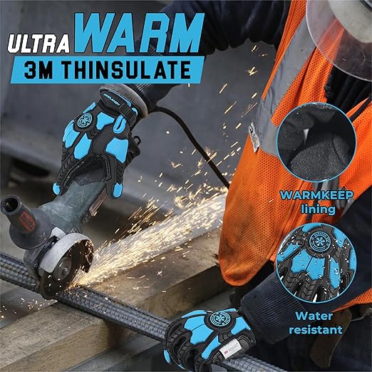 HANDLANDY Winter Impact Resistant Work Gloves for Men, Padded Palm Grip Heavy Duty Working Glove (Medium, Blue)