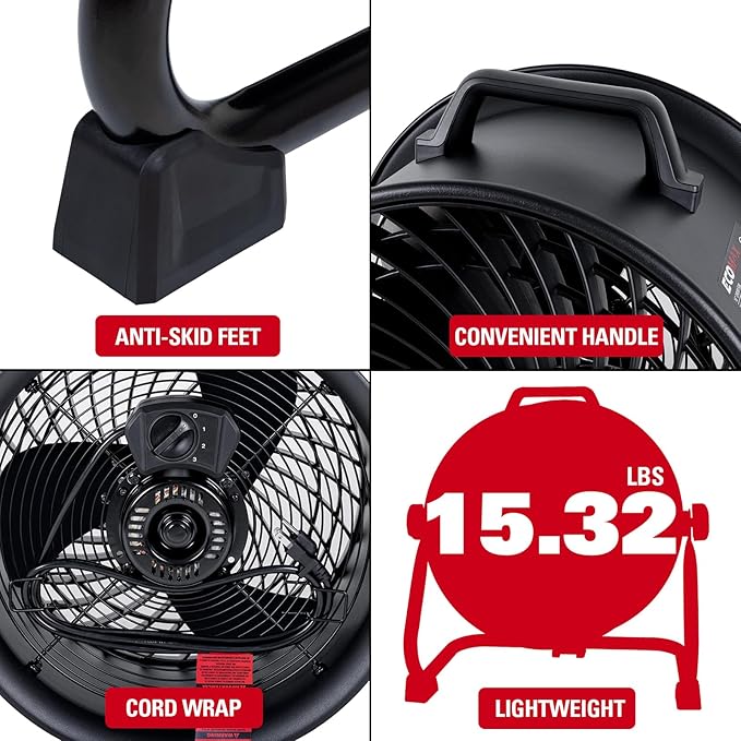 ECOMAX 16" Velocity Industrial Drum Fan, 3-Speed Heavy Duty Industrial Metal Shop Fan with 1800 CFM, Built-in Rope Bag, Floor Fan for Commercial, Garage, Greenhouse and Gym - UL Listed