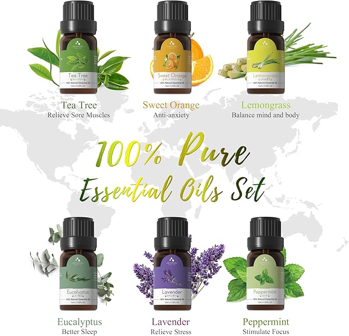 ASAKUKI Oil Diffuser with Essential Oils Set, 500ml Aromatherapy Humidifier with 14 LED Colors & Auto Shut-Off - 6 Oil Gift for Mom (Lavender Eucalyptus Tea Tree Orange Peppermint Lemongrass)