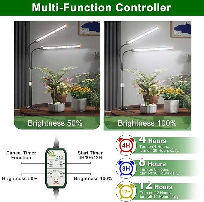 GooingTop Grow Light for Indoor Plants,5000K Full Spectrum Growing Plant Lamp with White Red Blue LED for Pots Succulents Seed Starting,Height Adjustable 10-32'' with Optional Dimming & Timer