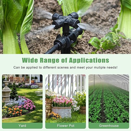 50FT Drip Irrigation System Kit Automatic Garden Watering System with 1/4" Drip Tubing & Quick Connect Fittings Adjustable Mist and Linear Columnar Modes for Greenhouse, Raised Garden Beds, Lawn, Yard