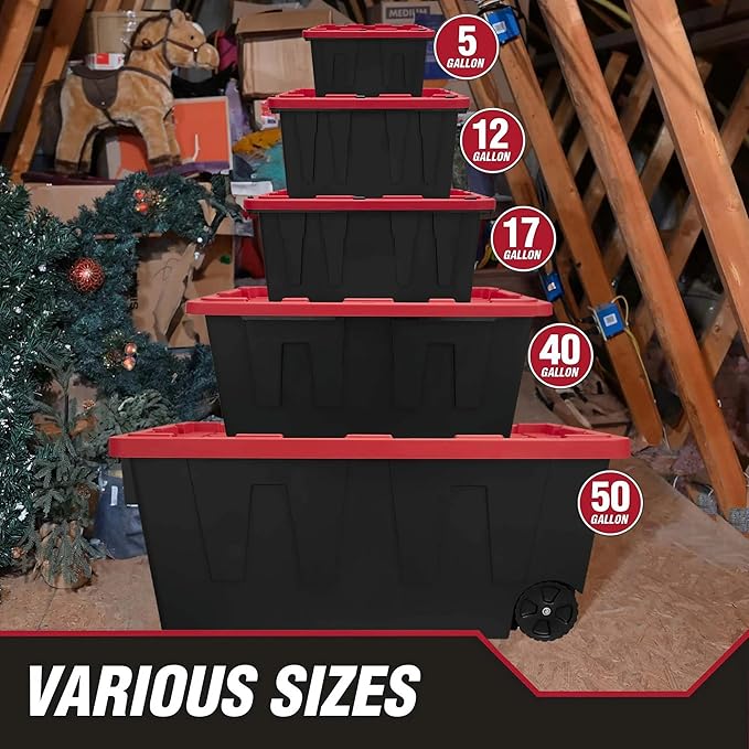 Tough 40 Gallon Plastic Storage Bin with Snap Lid, Stackable, Lockable, Black/Red, Set of 3, Heavy-Duty, Durable, Multi-Purpose Storage Containers for Indoor & Outdoor Use