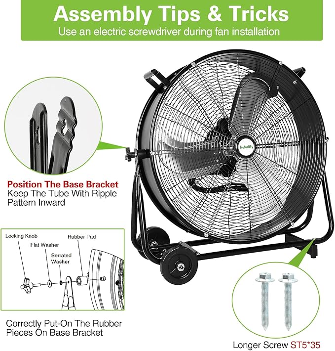 24" High Velocity Industrial Drum Fan, 8100 CFM 3-Speed Heavy Duty Metal Shop Fan for Workshops, Warehouse, Garage and Factory, UL Listed