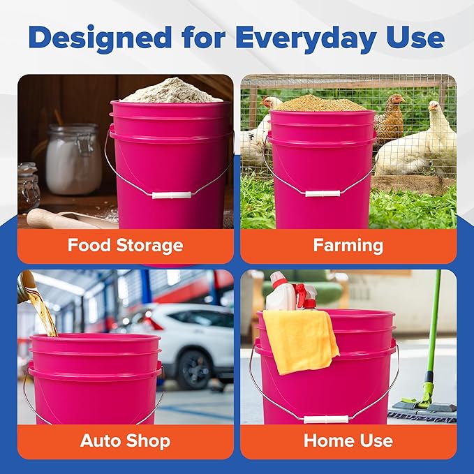 ePackageSupply 5 Gallon Bucket - Food Grade Bucket with Airtight Gasketed Tear Strip Lid, BPA-Free, Heavy-Duty 90 Mil HDPE Plastic Pail, Bulk Storage, Durable Container, Made in USA - Pink, 6 Packs
