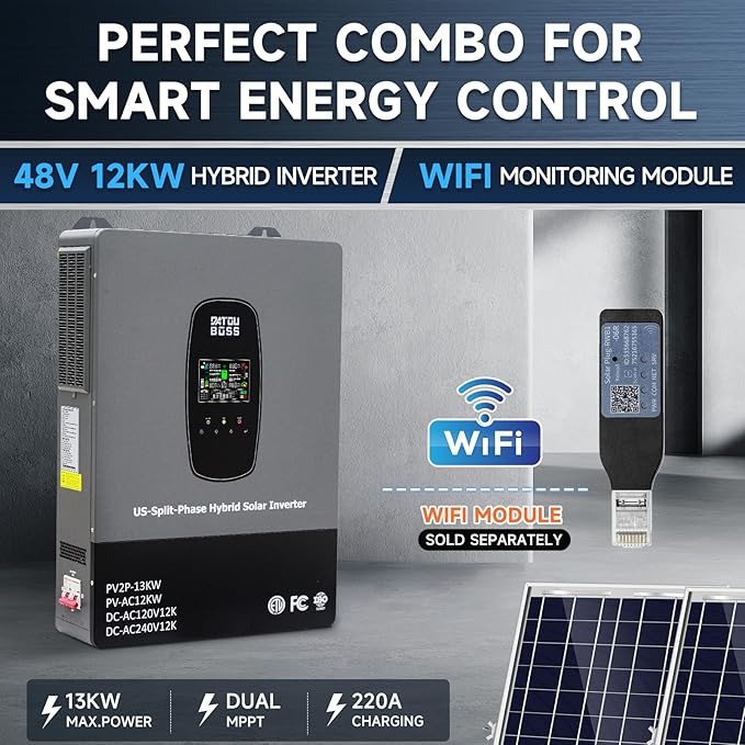 DATOUBOSS 12000W Hybrid Solar Inverter, 48V DC to110V/240V AC Split-Phase Inverter, Built-in 2 MPPT Solar Controllers, Pure sine Wave, Max Charging Current 220A,500V PV Input, Max. 6 Parallel
