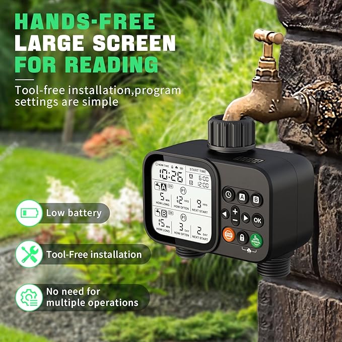 Sprinkler Timer for Garden Hose, 2 Zone Water Timer with with Auto Rain Delay, IP54 Waterproof 3.3“ Large LCD Drip Irrigation System Timers for Plant, Yard, Lawns, Outdoor