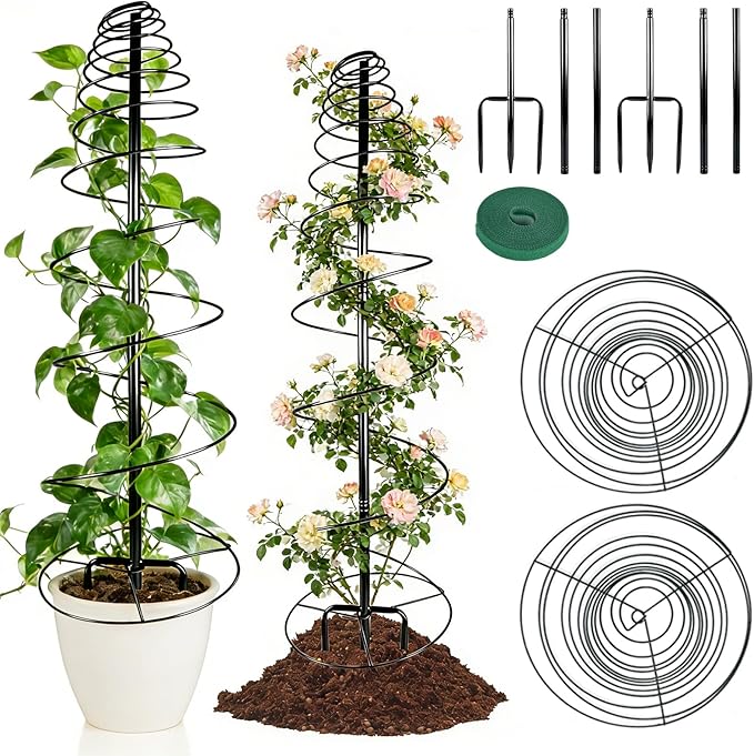 2 Pack Spiral Metal Trellis for Climbing Plants Outdoor, 41" Adjustable Plants Trellis Support Metal Garden Trellis with Center Pole and 3 Pronged, Climbing Plant Grow Cage Stand for Plants Flowers