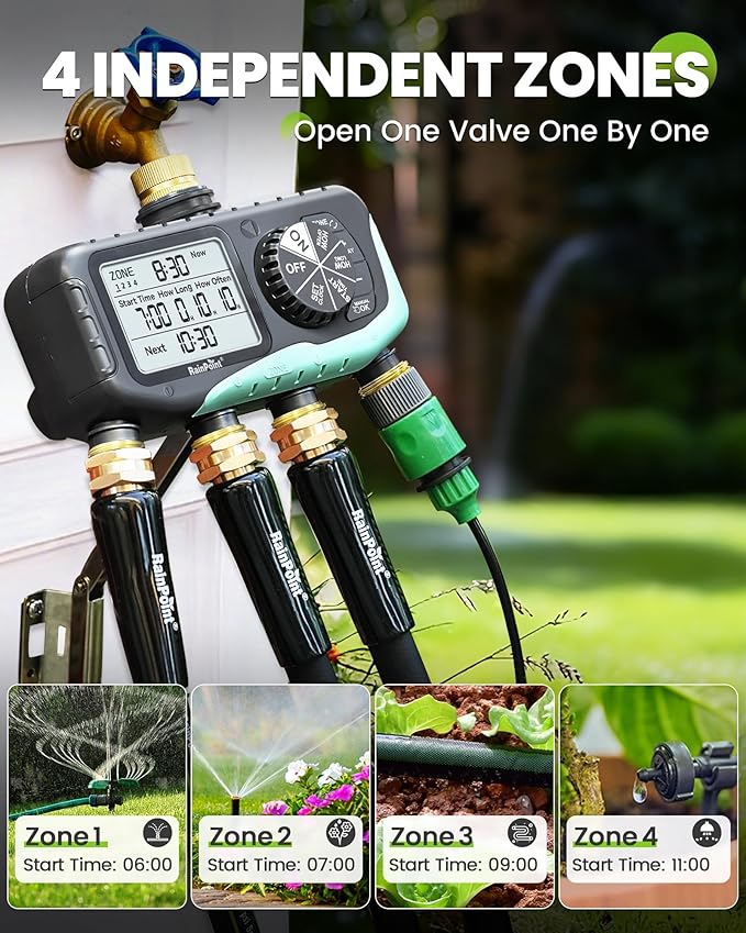 RAINPOINT Sprinkler Timer 4 Zone, Water Timer for Programmable, for Soaker Hose with Rain Delay/Manual/Automatic Watering System, Digital Irrigation for Yard, Lawn