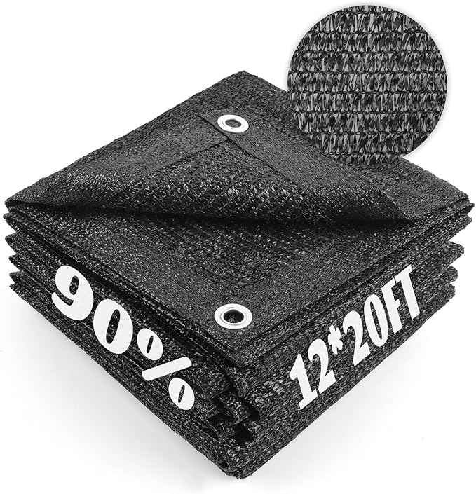 Cool Area 90% Sun Shade Cloth Mesh Tarp with Grommets for Plant Cover 12x20ft Patio Canopy Garden Pergola Greenhouse Car Barn Kennel Black