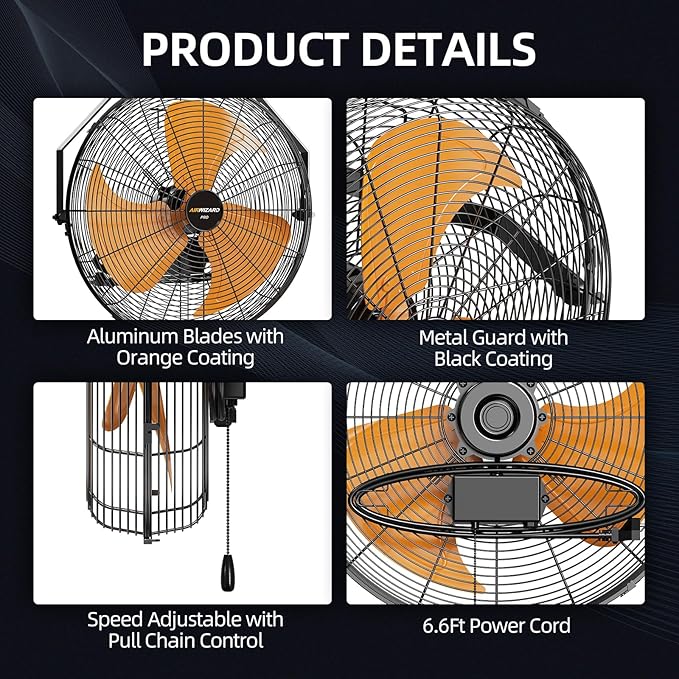 Pro Serie 18 inch Industrial Wall-Mount Fan, 5200 CFM High Velocity Metal Commercial Fan, 3 Speed, Adjustable Tilt, for Garage, Greenhouse, Covered Patio, Workshop, Gym Room, Basement