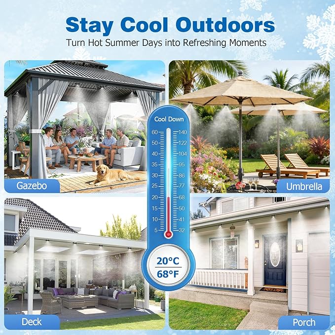 Mellbree Misters for Outside Patio 80FT/24M, Pre-Assembled Misting Cooling System with 24 Brass Nozzles & 3/4" Adapter, Outdoor Mister for Garden, Backyard, Pool, Greenhouse, Play Zone, Trampoline