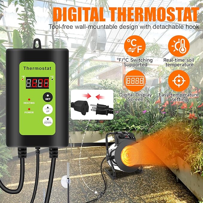 Greenhouse Heater with Thermostat, 1500W Outdoor Heaters for Patio, Fast Heating, Overheat Protection, Electric Space Heaters for Greenhouse, Grow Tent, Patio, Garage, Indoor（Silver）