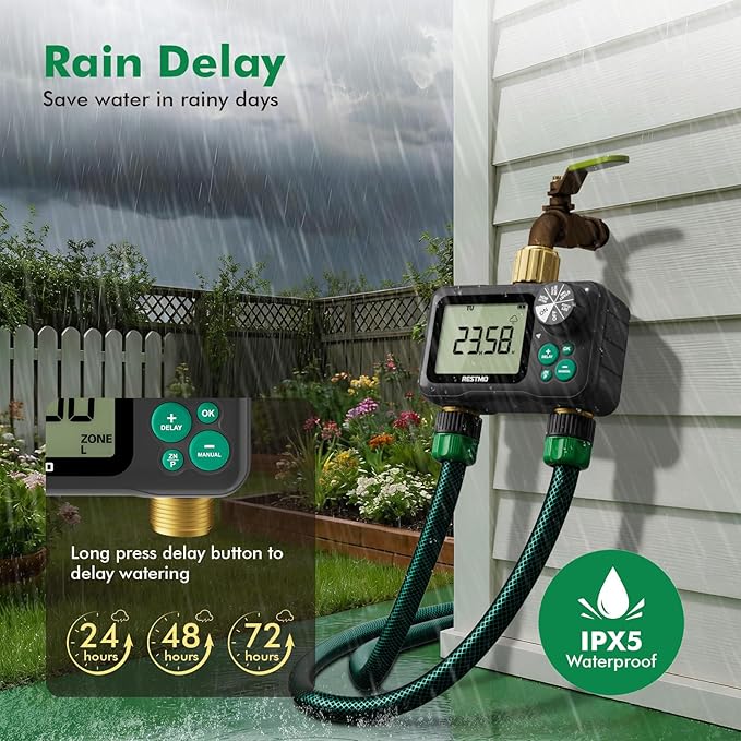 RESTMO Remote Control Brass Sprinkler Timer for Outdoor Hose Faucet 2 Zone, Max 11h59m Programmable Water Timer for Soaker Hose, Misting with Large Dial, Rain Delay/Manual/Automatic Irrigation System