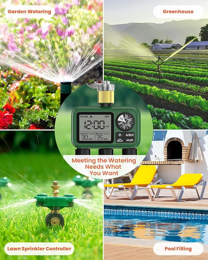 3 Zones Brass Inlet & Outlet Water Timer for Outdoor Garden Hose, Sprinkler Timer for Garden Faucet with Auto/Manual/Rain Delay Mode, Sprinkler Irrigation Controller for Yard Lawn
