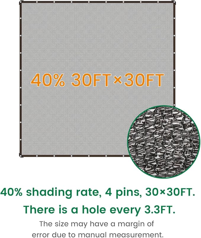 40% 30 X 30 FT Black Shade Cloth, Outdoor Woven Sun Shade with Grommets, Durable Breathable Netting Shading Antifreezing for Patio, Garden, DIY Home, Plants Cover, Greenhouse, Dog Kennel