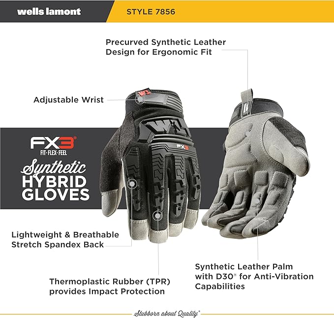 Wells Lamont FX3 Extreme Dexterity Impact Protection Work Gloves – Heavy Duty Construction Gloves for Men – Synthetic Leather, D3O Technology, TPR Knuckle Padding, Adjustable Fit – Black - L