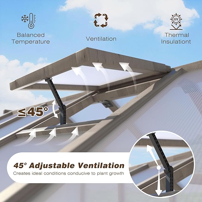 Yardenaler 8x10 FT Greenhouse Kit with 6MM Thick Polycarbonate Panel for Outdoor, Wooden Walk-in Green House with Adjustable Roof Vent and Lockable Door, Backyard, Garden, Light Mocha Brown