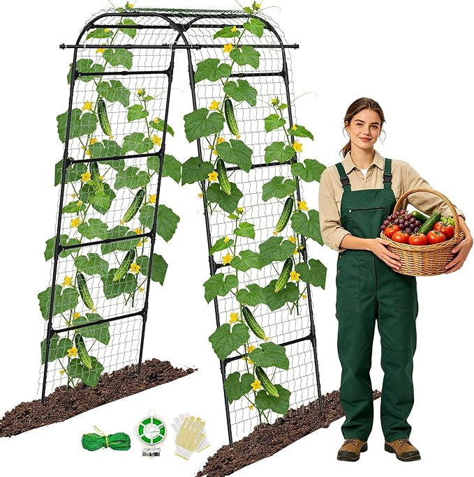 Cucumber Trellis for Raised Bed, U-Shape Metal Garden Arch, Rustproof PE-Coated Plant Support for Cucumbers, Beans, Tomatoes, Squash, Flowers (Black, 31.5 * 49.2 * 82.7inch(L*W*H))